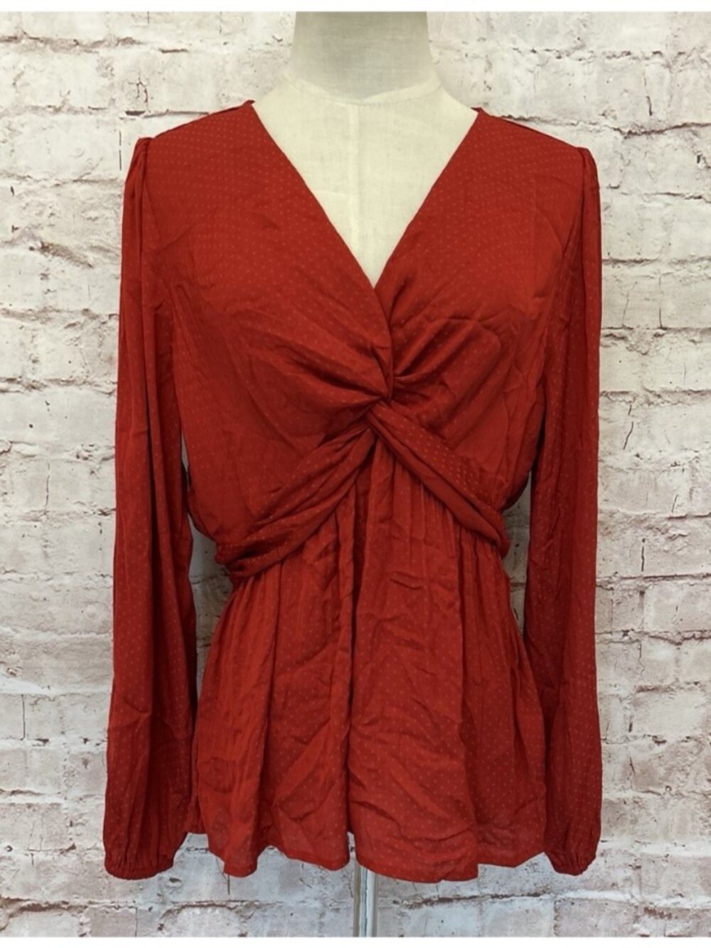 Pleione Blouse Womens Size S Silky Spice Red Long Sleeve V-Neck Twist Front NEW